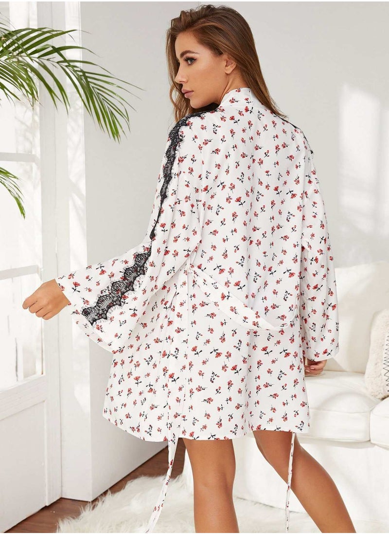 Ditsy Floral Contrast Lace Belted Night Robe