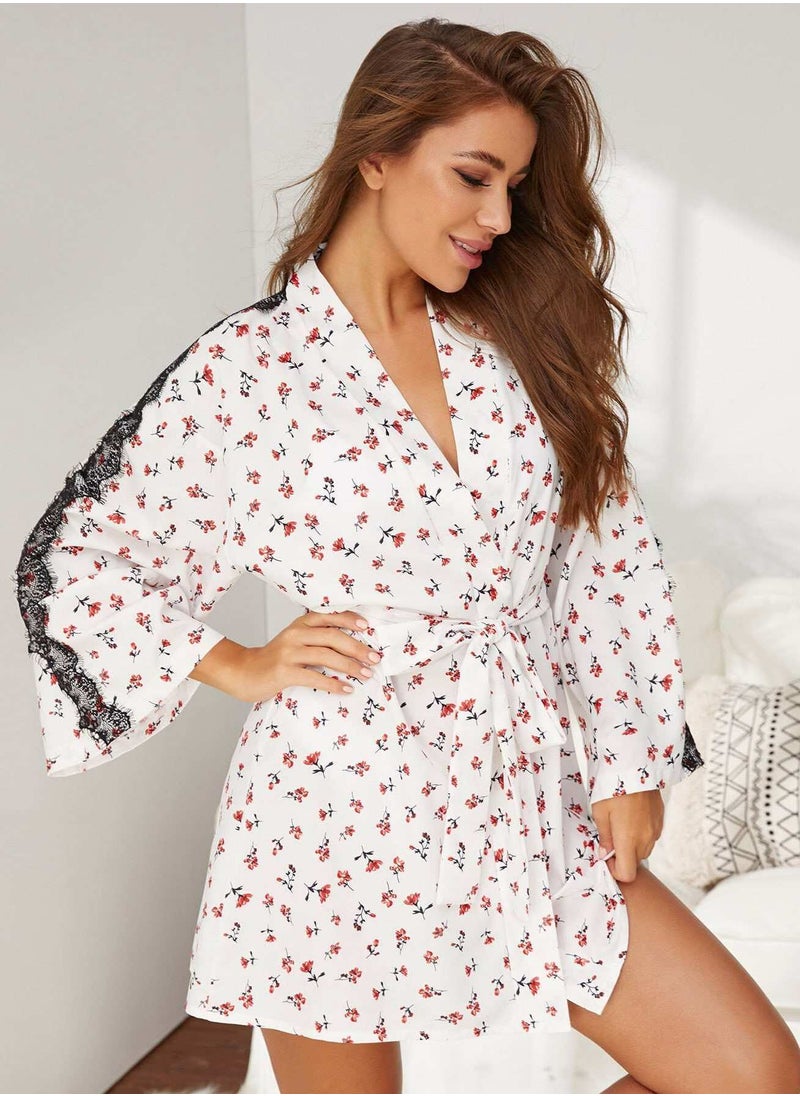 Ditsy Floral Contrast Lace Belted Night Robe