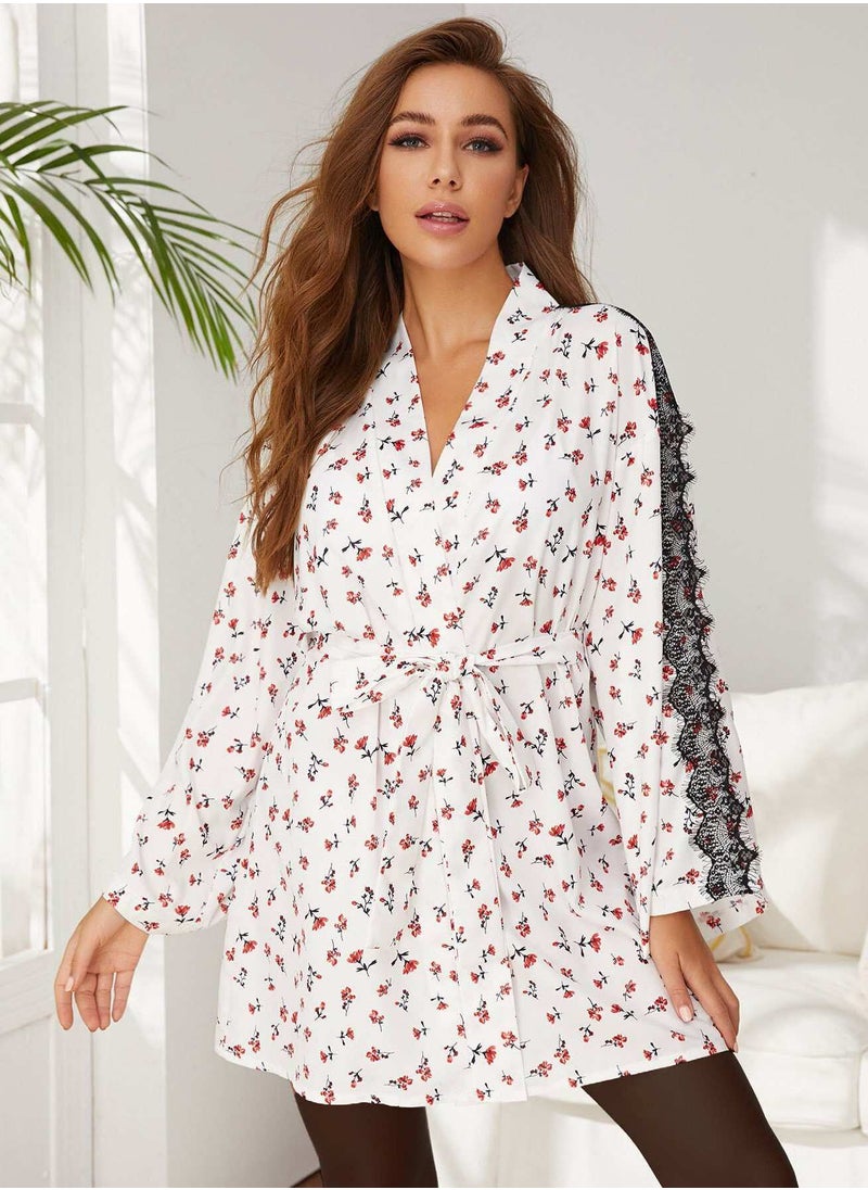 Ditsy Floral Contrast Lace Belted Night Robe