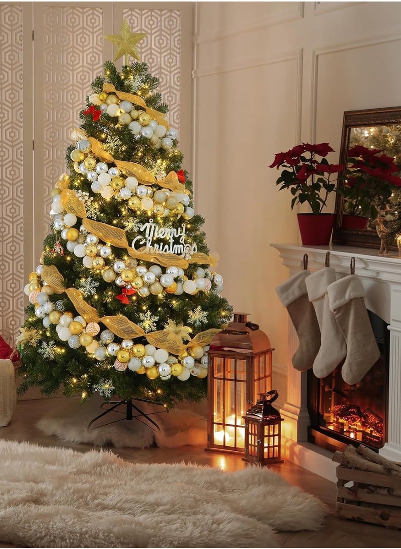 NIBEMINENT Christmas Tree With light, Artificial Tree 180CM Christmas Tree 6ft for Home, Office, Party Decoration w/ 1200 Branch Tips, 300 Warm White & Multi-Color Lights, Metal Hinges & Base, Green