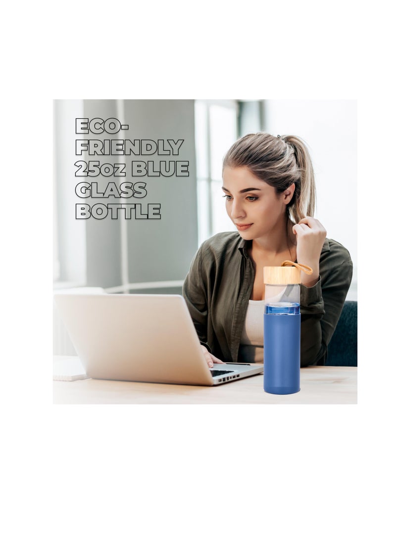 Glass Water Bottle, 500ML Gym Drinking Bottles with Slip Resistant Silicone Sleeve and Leak Proof Bamboo Lid, Clear Sports Bottle Made of Borosilicate Glass, Blue