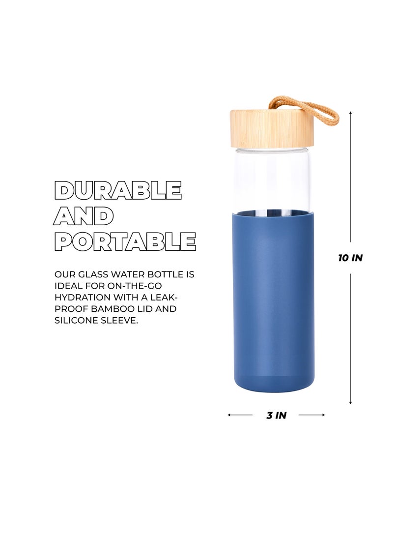 Glass Water Bottle, 500ML Gym Drinking Bottles with Slip Resistant Silicone Sleeve and Leak Proof Bamboo Lid, Clear Sports Bottle Made of Borosilicate Glass, Blue