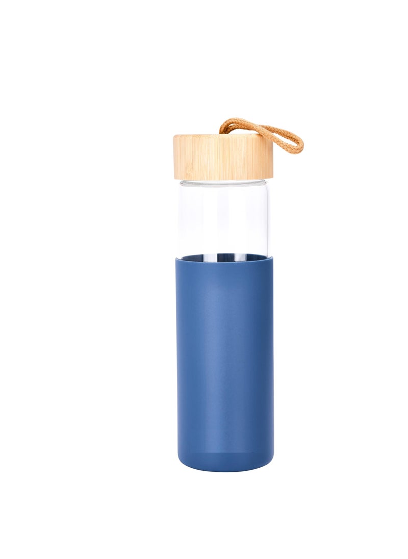 Glass Water Bottle, 500ML Gym Drinking Bottles with Slip Resistant Silicone Sleeve and Leak Proof Bamboo Lid, Clear Sports Bottle Made of Borosilicate Glass, Blue