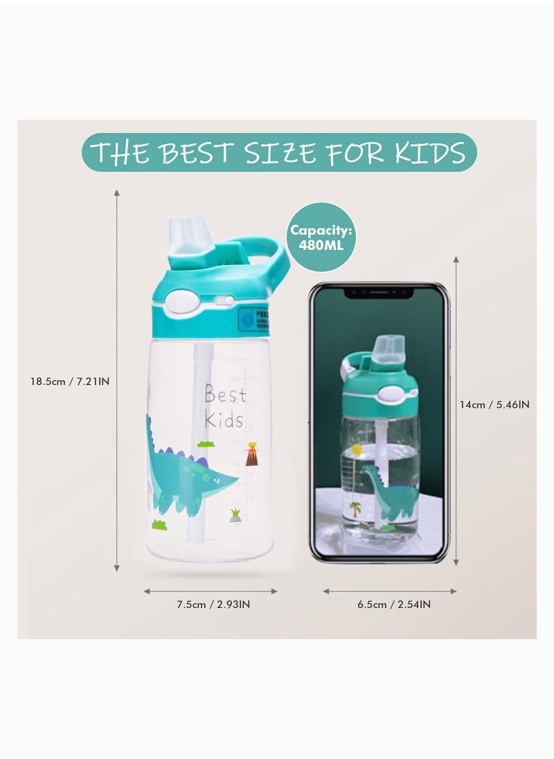 lovely Leakproof Kids Water Bottle with Straw 480ML Perfect for School and Summer Activities Green Dinosaur Design