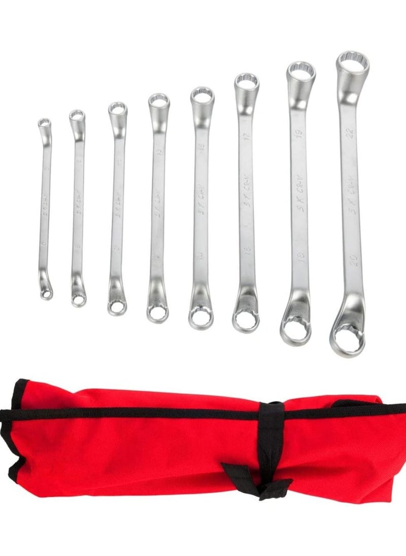 8 Piece Metric Offset Box End Wrench Set, 6mm-22mm,75 degree Long Double Ring Wrench Drop Forged Spanners with Tool Roll Pouch