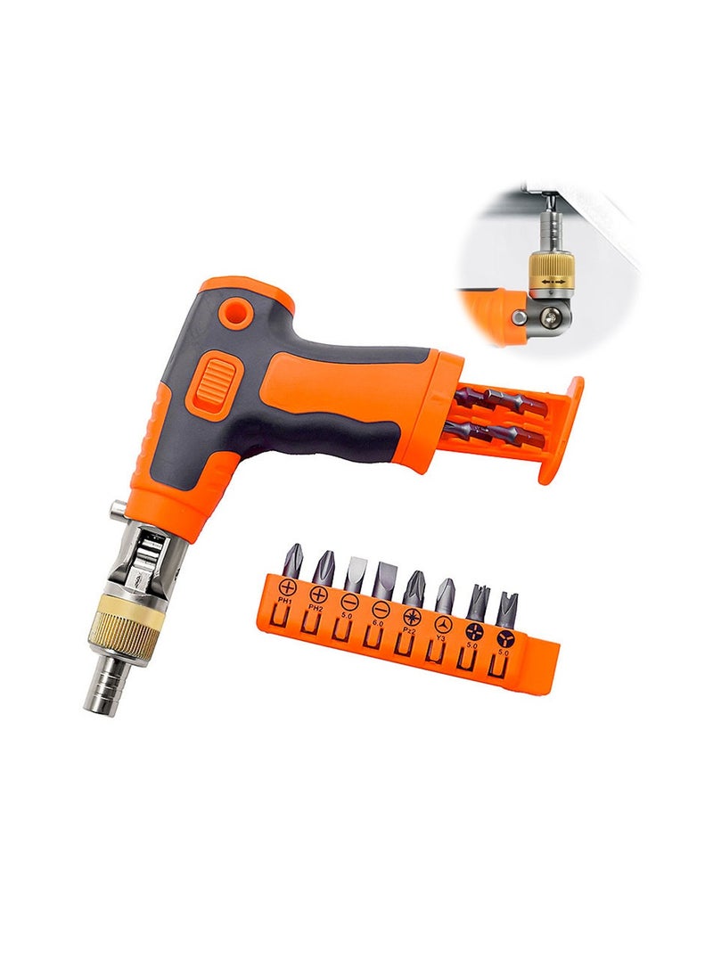 Ratchet Wrench, Ratcheting Screwdriver Set with Alloy Bits, 180° Rotatable Head, Dual-Direction, Multi-Angle Adjustment, Ergonomic Design, Orange