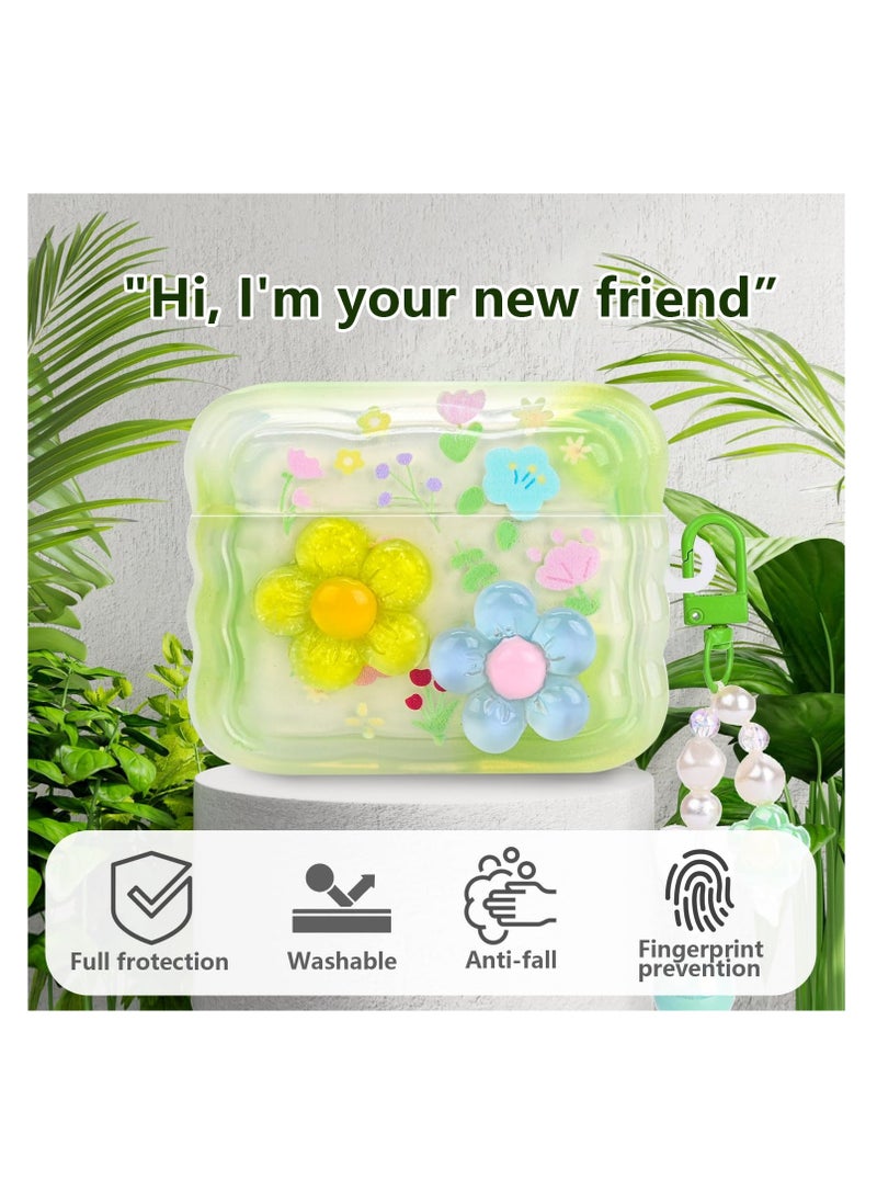 Charming AirPods Pro Case with Curly Wave Frame, Heart Bead Pendant, and 3D Floral Design, Sparkling Glitter Cover for Girls in Green