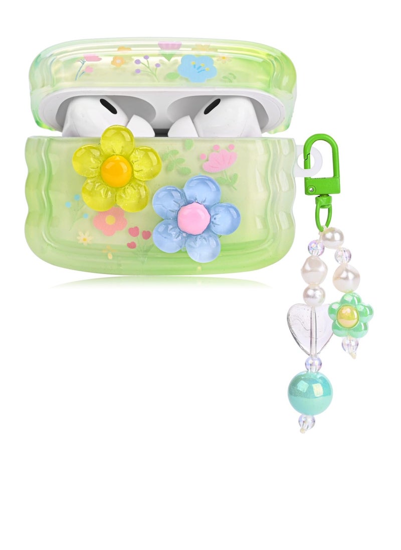 Charming AirPods Pro Case with Curly Wave Frame, Heart Bead Pendant, and 3D Floral Design, Sparkling Glitter Cover for Girls in Green