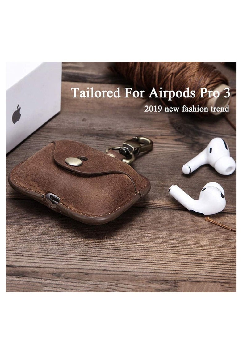 Luxury Genuine Cow Leather Case Airpods Pro, For Apple airpod 3 case with keychain, Protective Cover, Waterproof Silicone Cover Accessories for Charging Box (Brown)