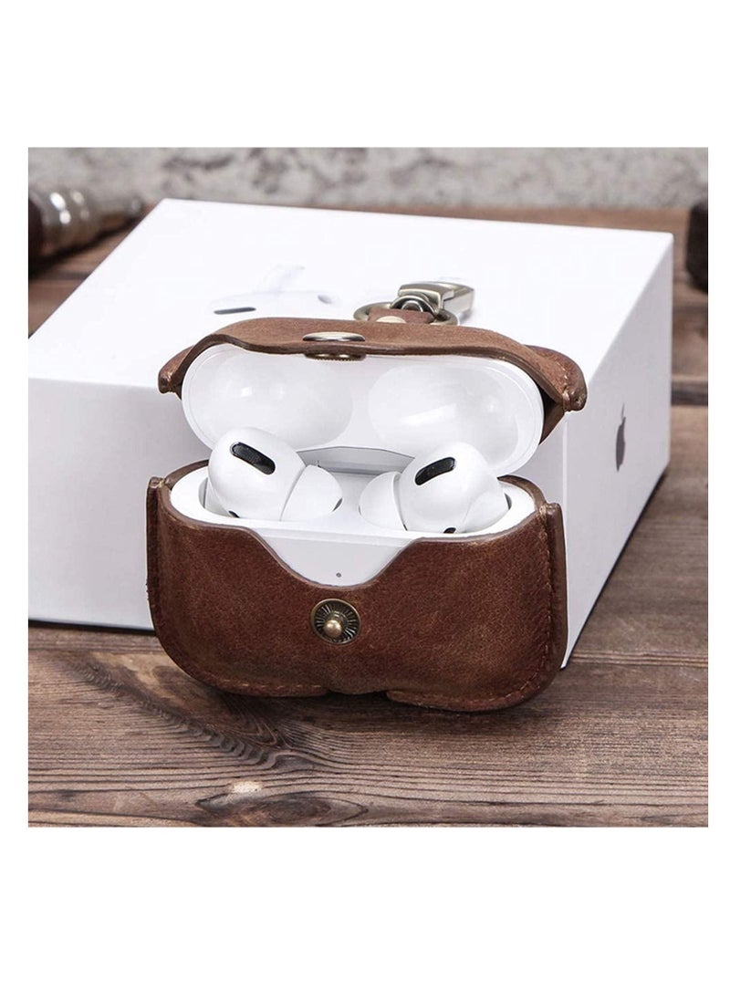 Luxury Genuine Cow Leather Case Airpods Pro, For Apple airpod 3 case with keychain, Protective Cover, Waterproof Silicone Cover Accessories for Charging Box (Brown)