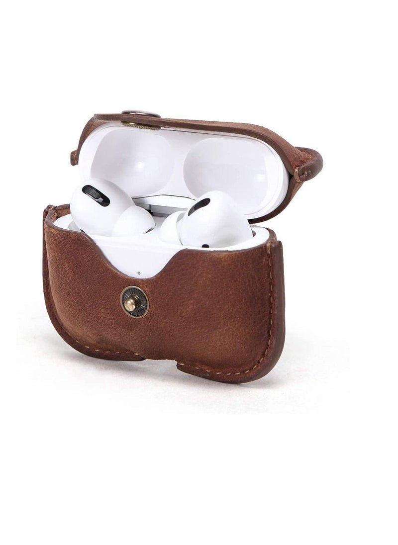 Luxury Genuine Cow Leather Case Airpods Pro, For Apple airpod 3 case with keychain, Protective Cover, Waterproof Silicone Cover Accessories for Charging Box (Brown)