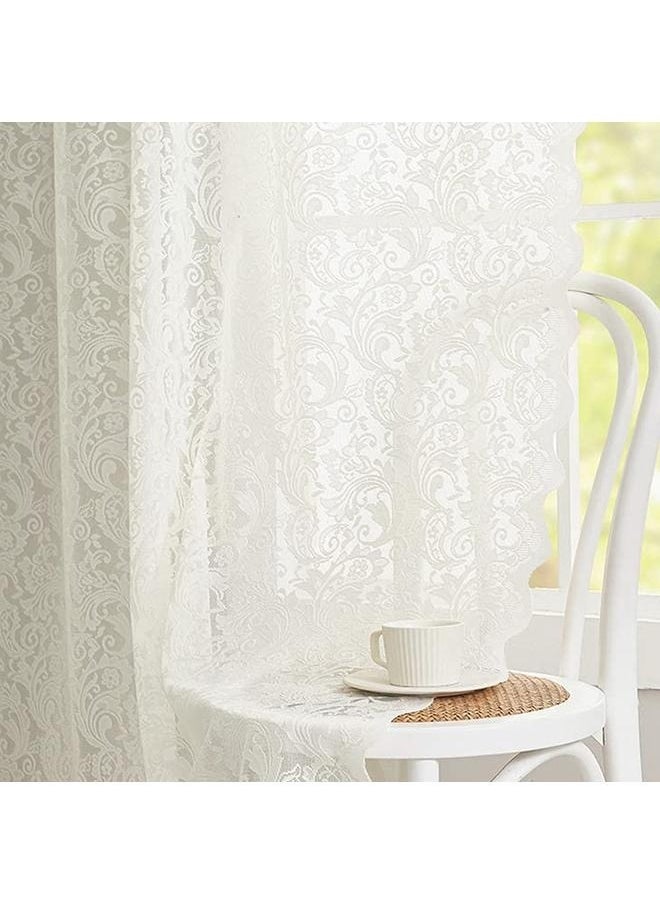 2-Piece Net Window Curtain White 260x140centimeter,Floral Lace Rod Pocket Curtain Panel