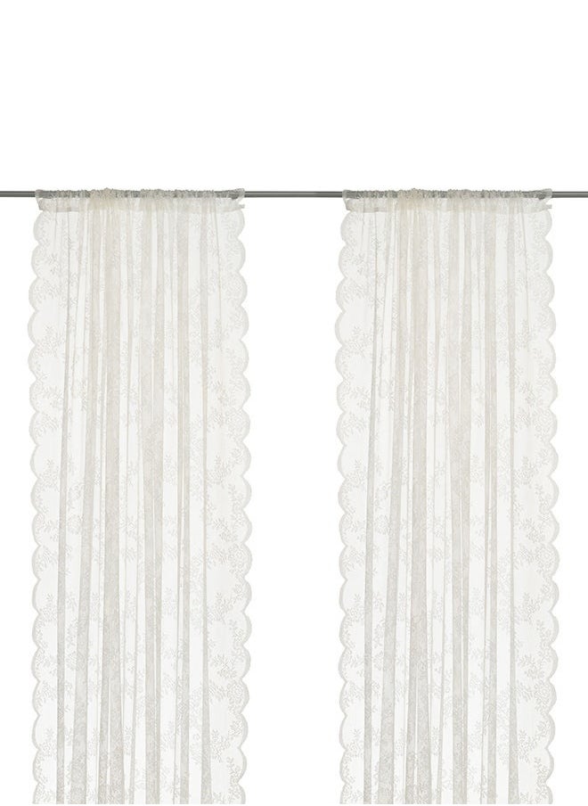 2-Piece Net Window Curtain White 260x140centimeter,Floral Lace Rod Pocket Curtain Panel