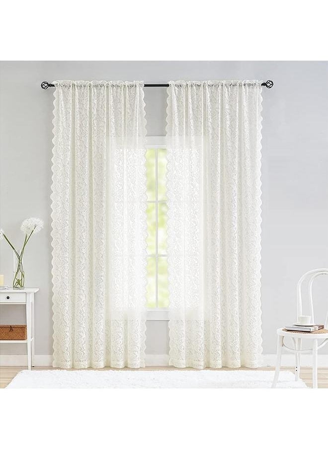 2-Piece Net Window Curtain White 260x140centimeter,Floral Lace Rod Pocket Curtain Panel