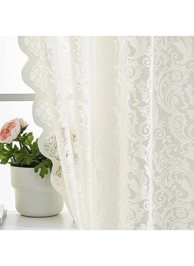 2-Piece Net Window Curtain White 260x140centimeter,Floral Lace Rod Pocket Curtain Panel