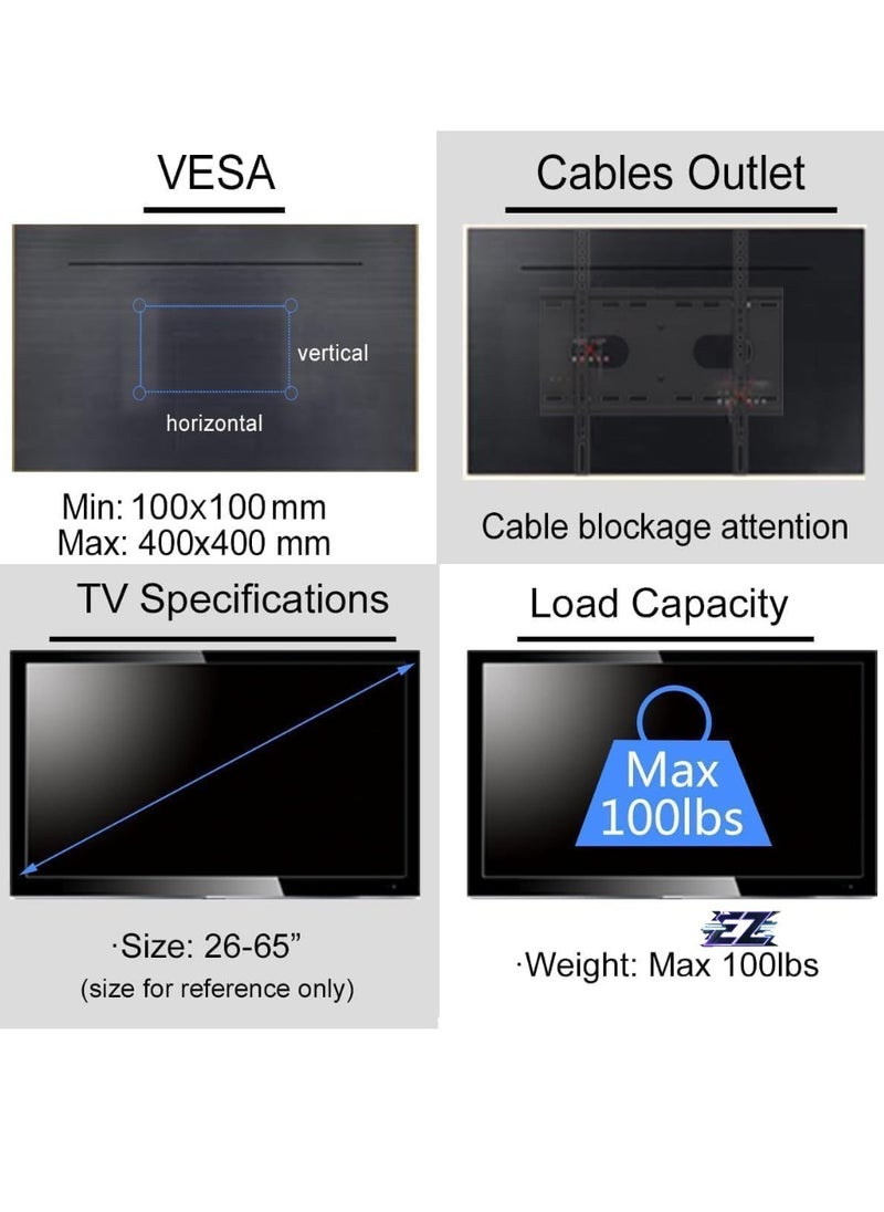 TV Mount Fits Most 26-50 inch LCD LED Plasma Panel Display with Max VESA 400x400mm Loaded up to 45kg/100lbs Height Adjustable