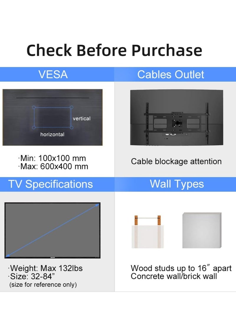 Full Motion TV Wall Mount for 32 to 84 Inch TV, Swivel and Tilt with Articulating Dual Arms, Max VESA 600X400mm, Holds up to 132lbs, Fits Max 16