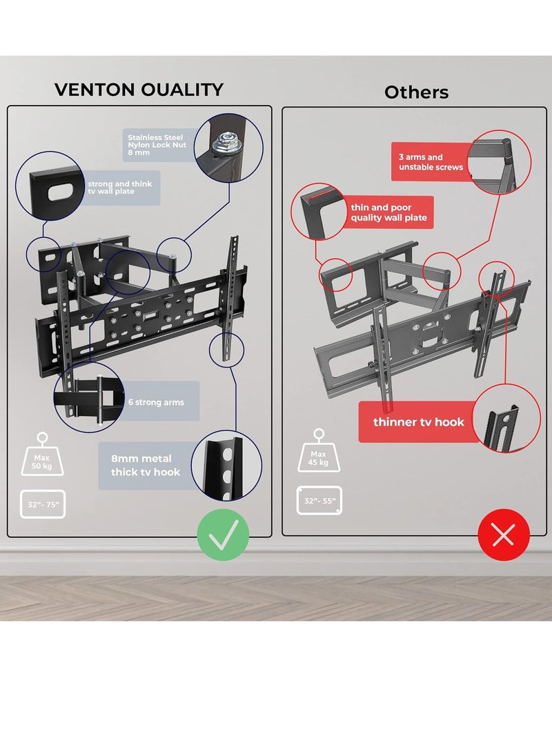 Adjustable, Tilting and Swivelling TV Wall Mount for Curved Flat TVs and Monitors VESA 400 x 600 Max (32-75 Inch) 50 kg Max TV Mount, Tilt, Swivel