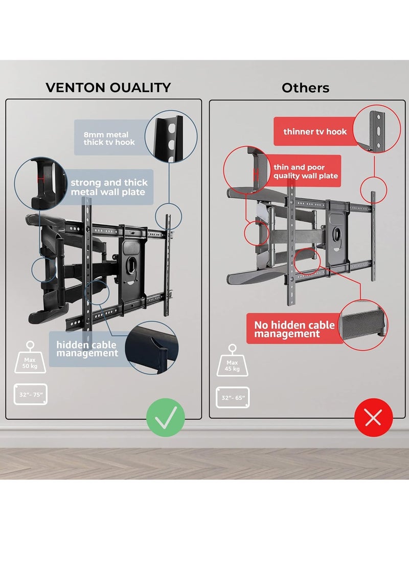 Adjustable, Tilting and Swivelling TV Wall Mount VESA 400 x 600 Max (32-75 Inches) - 50 kg Max TV Bracket for Curved Flat TVs and Monitors - TV Mount, Tilt, Swivel