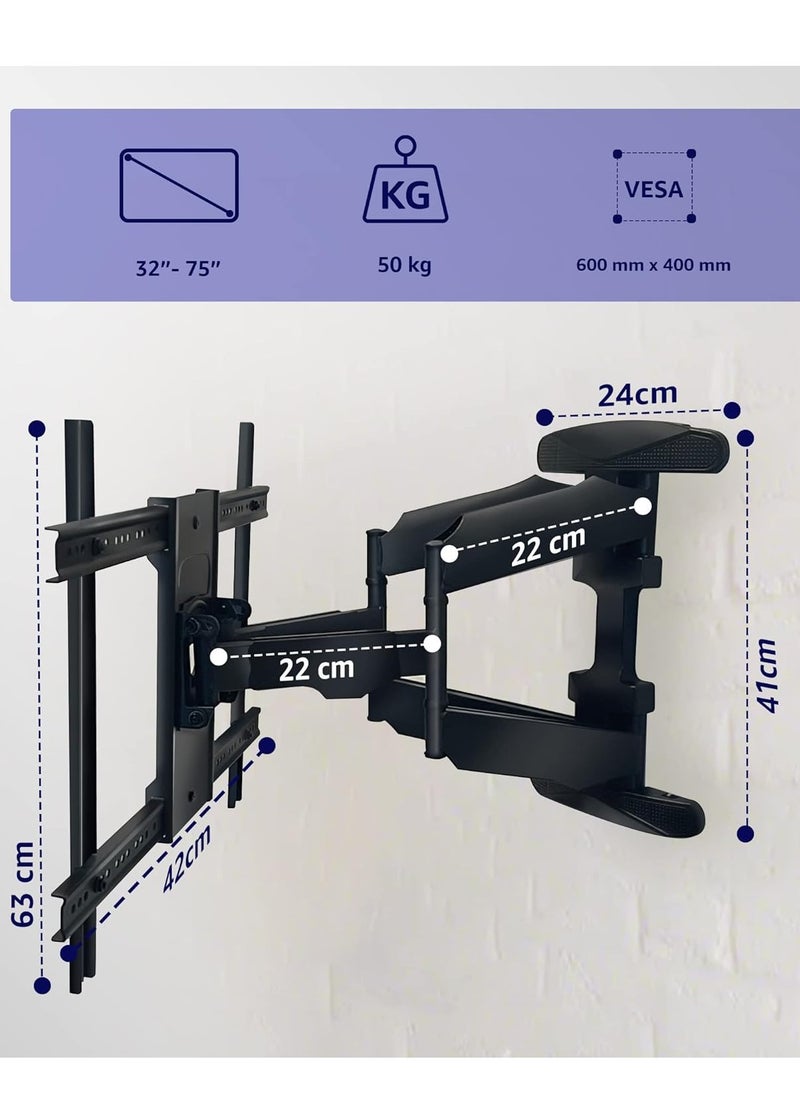 Adjustable, Tilting and Swivelling TV Wall Mount VESA 400 x 600 Max (32-75 Inches) - 50 kg Max TV Bracket for Curved Flat TVs and Monitors - TV Mount, Tilt, Swivel