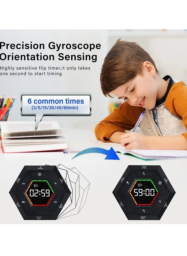 Hexagon Flip Timer, Smart Countdown Visual Timer for Kids, Magnetic Productivity Timer Tools, for Kids and Adults, Large Display Digital Kitchen Timer for Cooking (Black)