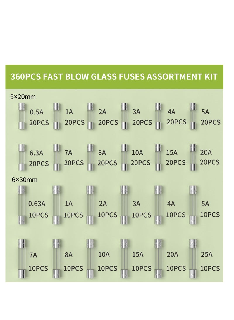 360 PCS 24 Values Fast-Blow Glass Fuses Assortment Kit, 250V 0.5A 0.63A 1A 2A 3A 4A 5A 6.3A 7A 8A 10A 15A 20A 25A 5x20mm & 6x30mm Glass Tube Fuses, Packag in a Clear Plastic Box