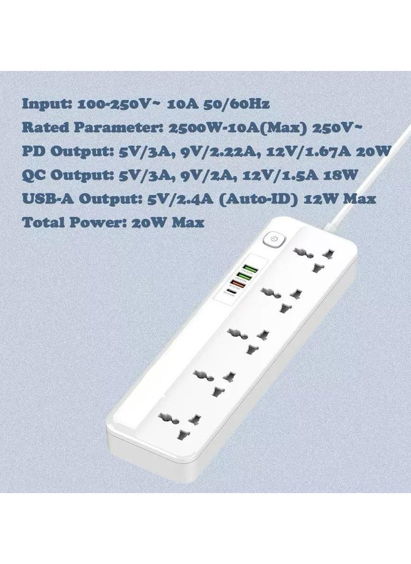 Power Strip With USB Port and Switch Button Extension Power Socket 2500 W 5 OUTLETS 4 USB PD/QC 3.0 Total 20 W