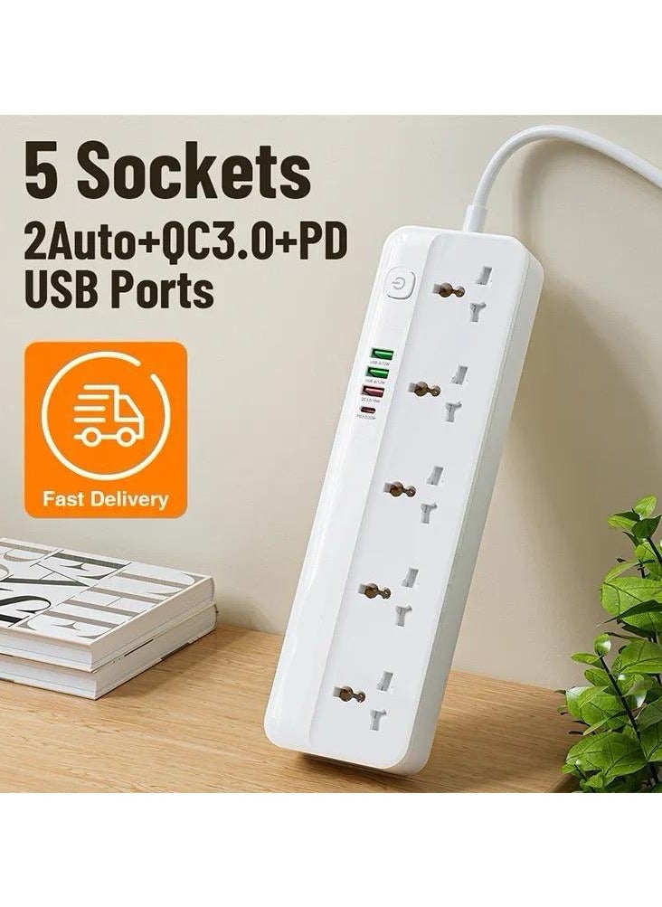 Power Strip With USB Port and Switch Button Extension Power Socket 2500 W 5 OUTLETS 4 USB PD/QC 3.0 Total 20 W