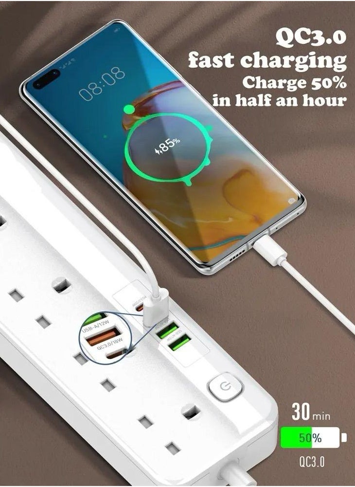 Power Strip With USB Port and Switch Button Extension Power Socket 2500 W 5 OUTLETS 4 USB PD/QC 3.0 Total 20 W