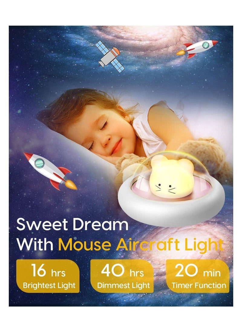 Night Light for Kids with 3 Color Changing Mode Rechargeable LED Night Light with 20 Minutes Timer Press Control Cute Mouse Spaceship Light