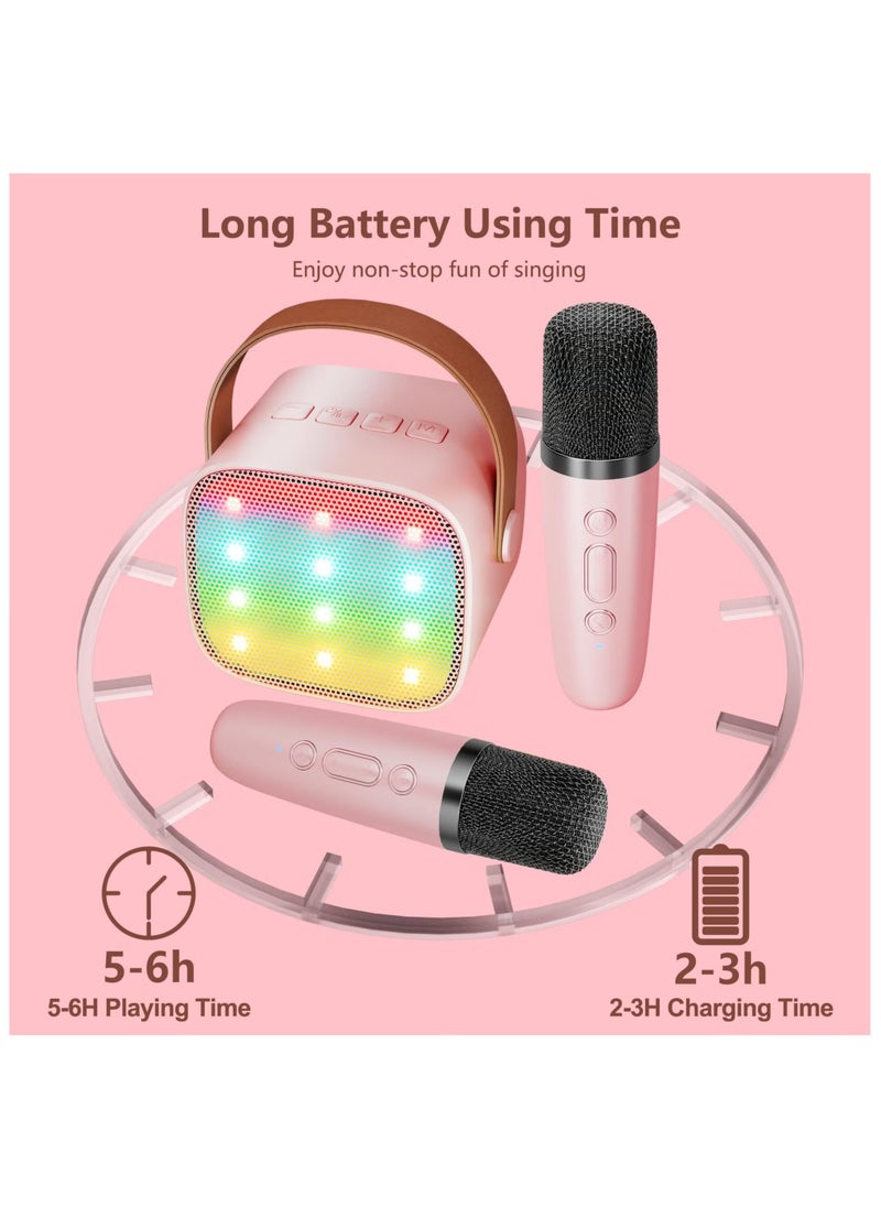 Mini Karaoke Machine for Kids – Bluetooth Speaker with 2 Wireless Microphones, LED Lights, Perfect for Birthday Parties (Pink)