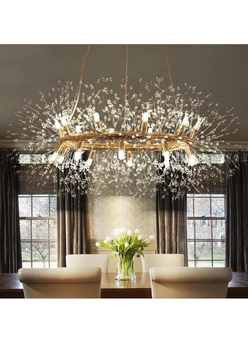 Modern Crystal Firework Dandelion Chandelier, 20-Light Gold Semi Flush Mount Ceiling Light, Round Pendant for Bedroom, Living Room & Foyer