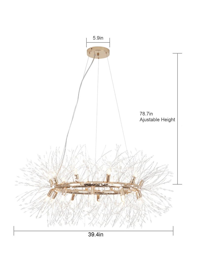 Modern Crystal Firework Dandelion Chandelier, 20-Light Gold Semi Flush Mount Ceiling Light, Round Pendant for Bedroom, Living Room & Foyer