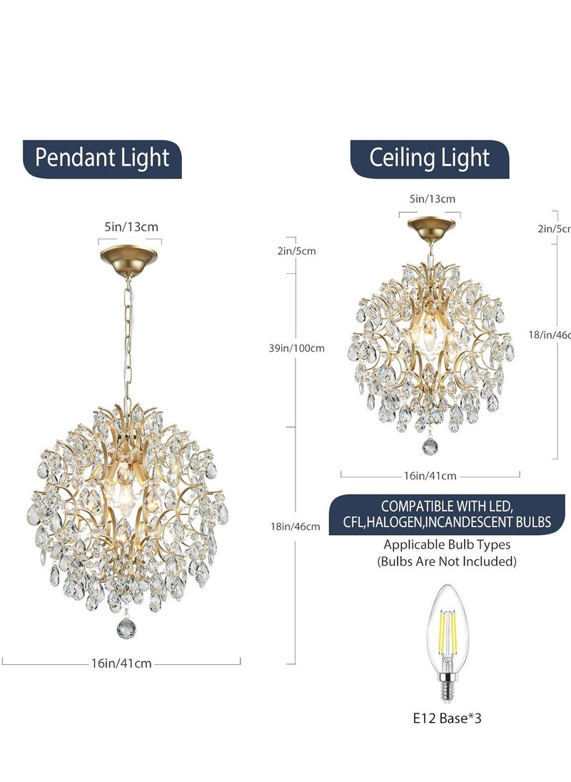 Gold Modern Pendant Chandelier Crystal Raindrop Lighting Ceiling Fixture Lamp for Dining Room, Bathroom, Bedroom, Living Room, Requires 3 E14 Bulbs, 40cm Diameter, 45cm Height