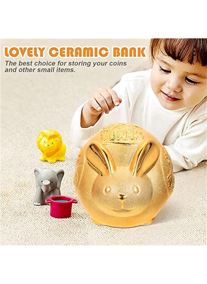 Rabbit gy Bank Ceramic Bunny Coin Bank Year of The Rabbit Figurine Kids Money Storage Box Bunny Doll Ornament for 2024 Chinese New Year Decoration Golden