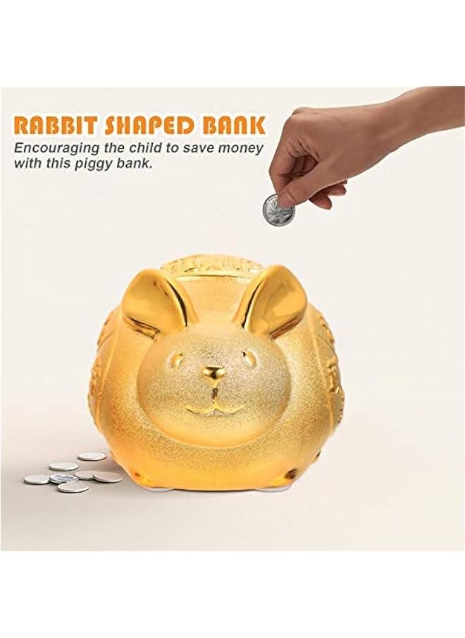 Rabbit gy Bank Ceramic Bunny Coin Bank Year of The Rabbit Figurine Kids Money Storage Box Bunny Doll Ornament for 2024 Chinese New Year Decoration Golden