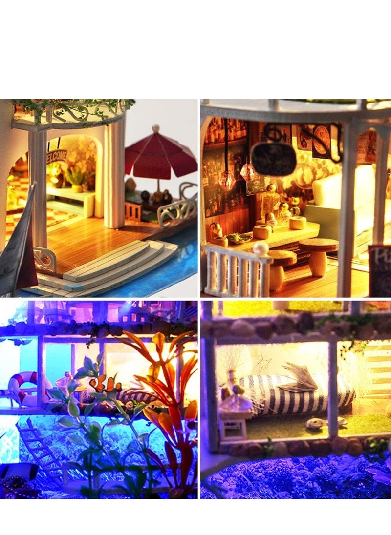 DIY Miniature Dollhouse Wooden Furniture Kit,Handmade Mini Modern Villa Model Plus with Dust Cover& Music Box,1:24 Scale Creative Doll House Toys for Children (Hawaii Impression)