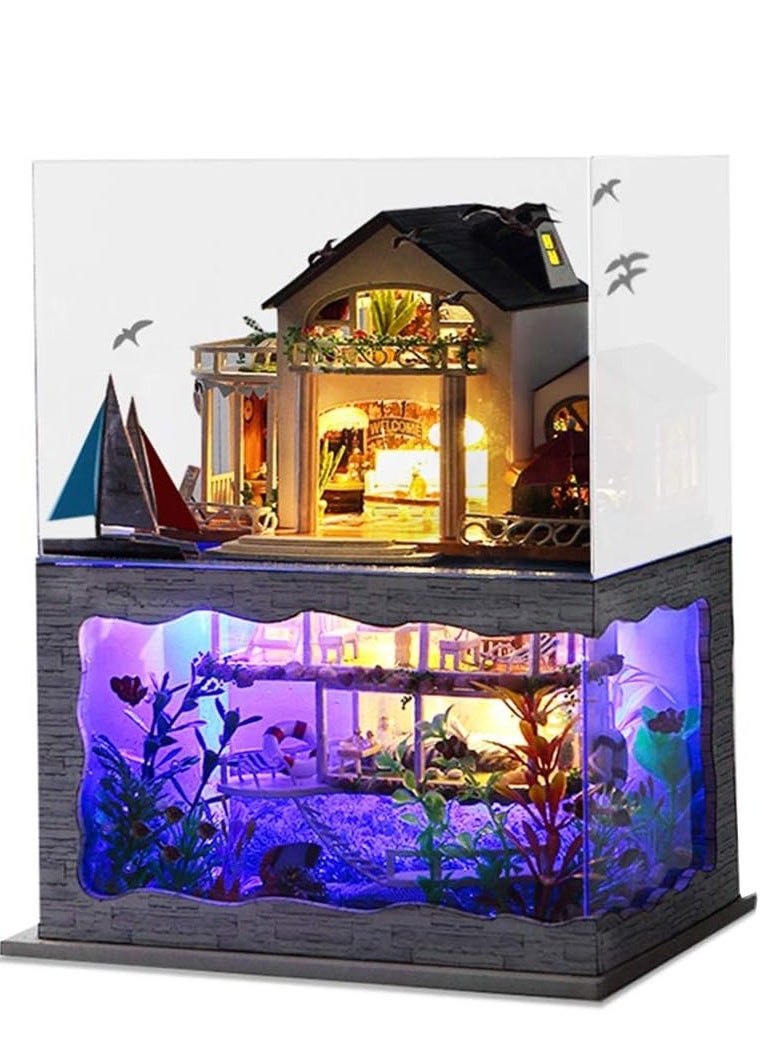DIY Miniature Dollhouse Wooden Furniture Kit,Handmade Mini Modern Villa Model Plus with Dust Cover& Music Box,1:24 Scale Creative Doll House Toys for Children (Hawaii Impression)
