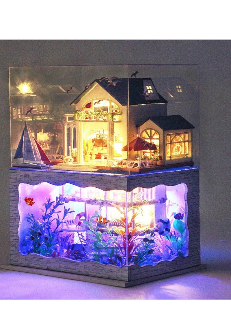 DIY Miniature Dollhouse Wooden Furniture Kit,Handmade Mini Modern Villa Model Plus with Dust Cover& Music Box,1:24 Scale Creative Doll House Toys for Children (Hawaii Impression)