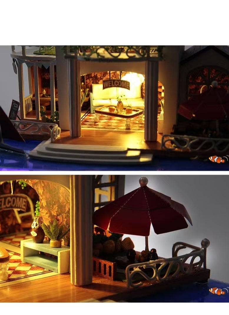 DIY Miniature Dollhouse Wooden Furniture Kit,Handmade Mini Modern Villa Model Plus with Dust Cover& Music Box,1:24 Scale Creative Doll House Toys for Children (Hawaii Impression)
