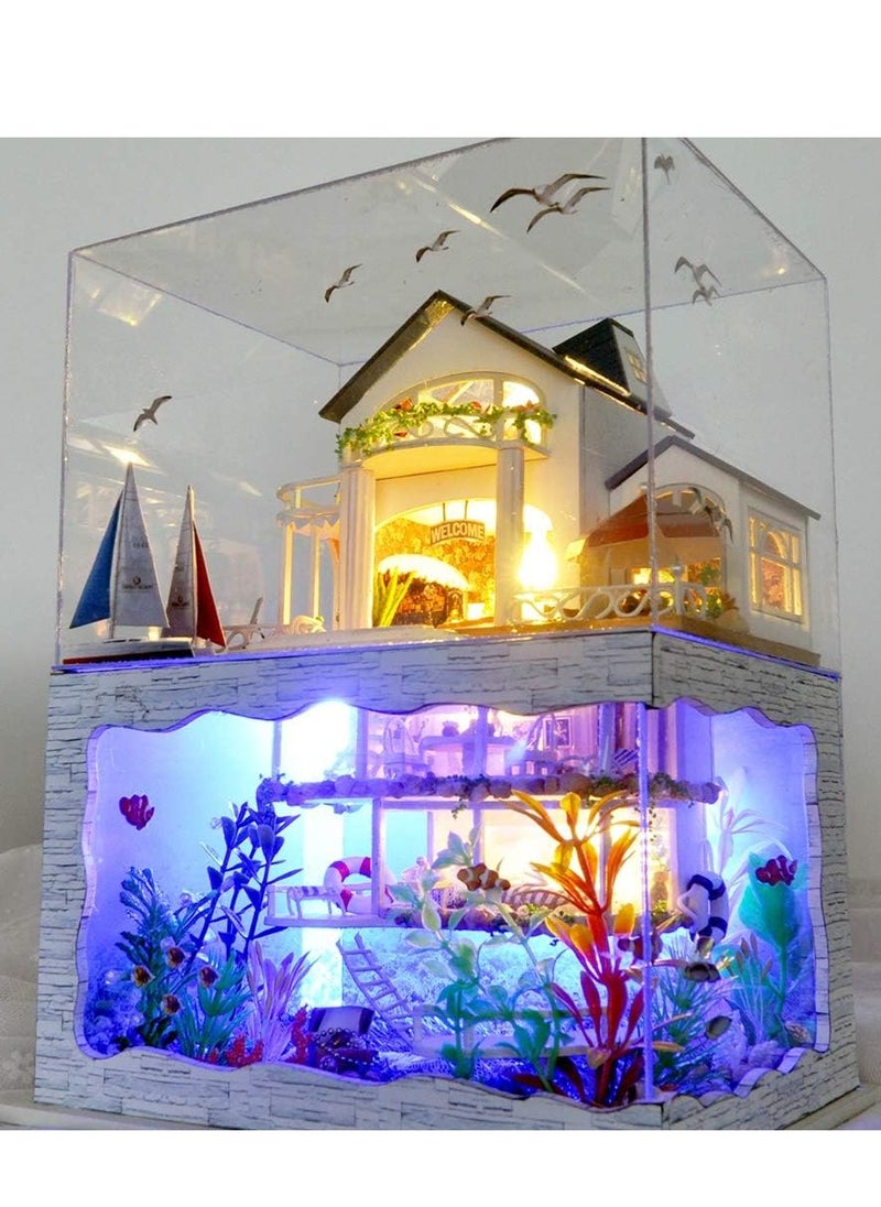 DIY Miniature Dollhouse Wooden Furniture Kit,Handmade Mini Modern Villa Model Plus with Dust Cover& Music Box,1:24 Scale Creative Doll House Toys for Children (Hawaii Impression)