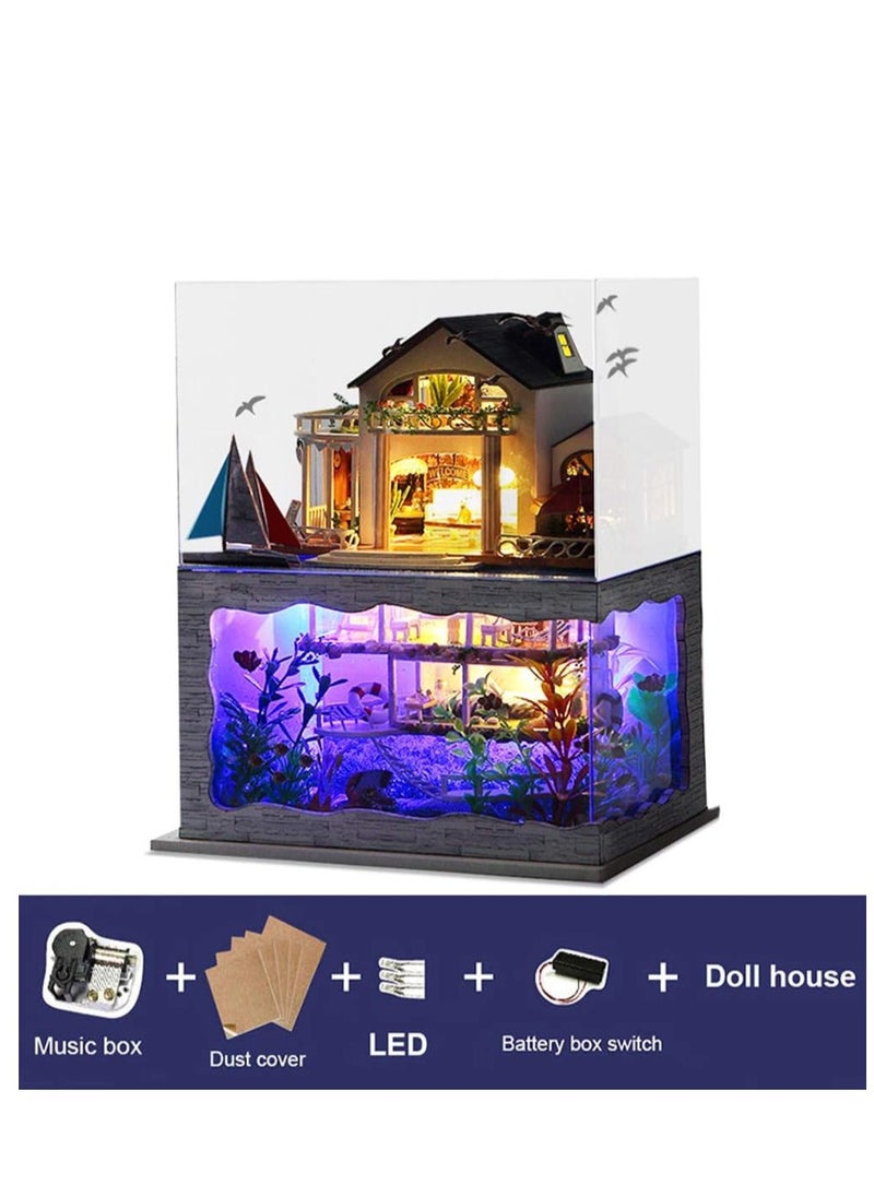 DIY Miniature Dollhouse Wooden Furniture Kit,Handmade Mini Modern Villa Model Plus with Dust Cover& Music Box,1:24 Scale Creative Doll House Toys for Children (Hawaii Impression)