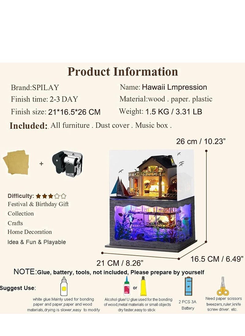DIY Miniature Dollhouse Wooden Furniture Kit,Handmade Mini Modern Villa Model Plus with Dust Cover& Music Box,1:24 Scale Creative Doll House Toys for Children (Hawaii Impression)