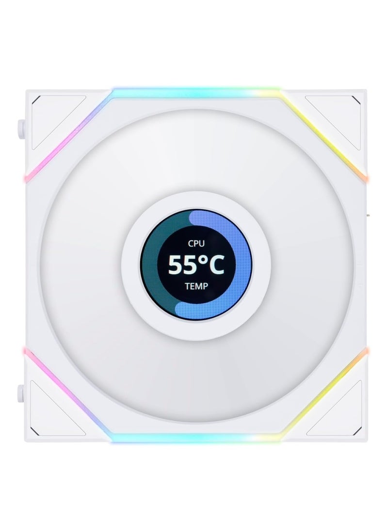 Lian Li UNI Fan TL LCD 120mm PC Cooling Fan - Infinity Mirror ARGB Fan - FDB Bearing - Daisy-Chain Style - Dual Zone Lighting Effects - 120mm RGB PC Case Fan - White - Single Pack (Without Controller)