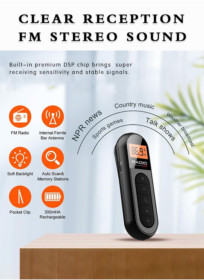 FM Portable Radio, Rechargeable Pocket Radio with Best Reception Digital Tuning, LCD Screen,Belt Clip, Stereo Sound Earphone Jack for Gym, Jogging, Walking, Camping