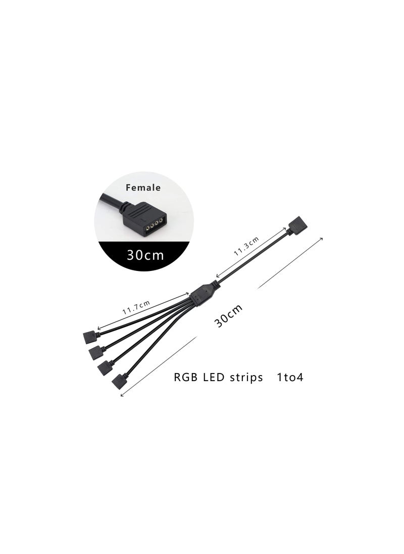 RGB 1 to 4 Splitter Cable, 12V 4 PIN RGB Splitter Cable LED Strip Connector, 5050 LED Tape Light Connector, Extension Cable for Computer Fan Motherboard, 2 Pack