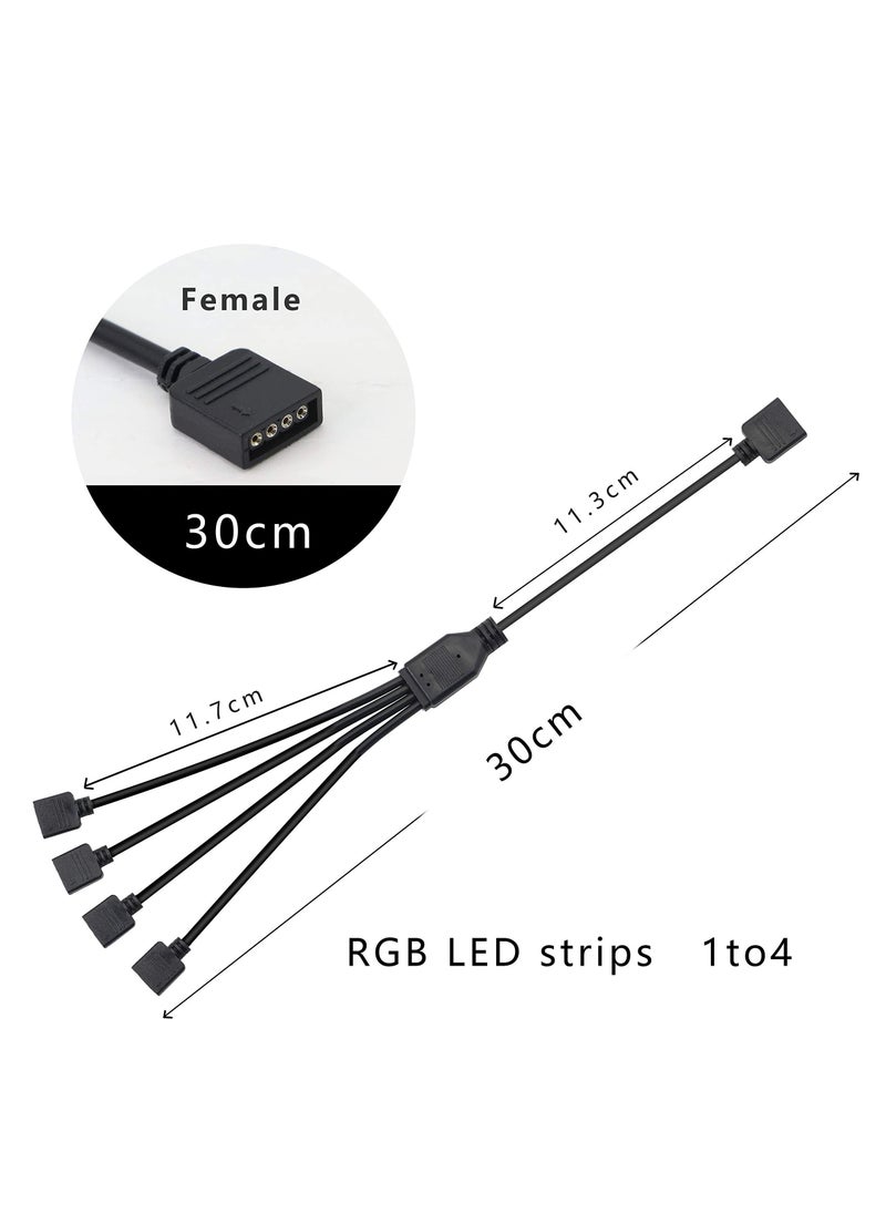 RGB 1 to 4 Splitter Cable, 12V 4 PIN RGB Splitter Cable LED Strip Connector, 5050 LED Tape Light Connector, Extension Cable for Computer Fan Motherboard, 2 Pack