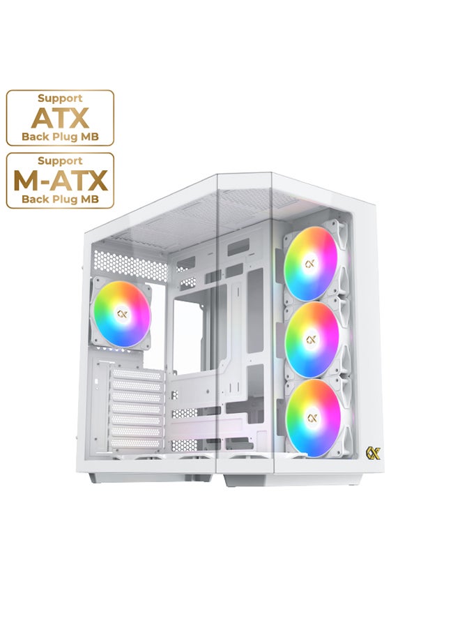 Cubi II Arctic White EATX Case with 3 Tempered Glass Panels, 6 Z22A Arctic Reverse Fans, 1 Z22A Arctic Fan, ARGB Remote Control, USB 3.0 x2, USB-C, Radiator Support (Top: 280/360mm, MB Panel: 360mm), Fan Support (up to 10 Fans), VGA up to 370mm, CPU Cooler up to 165mm, 7 Expansion Slots, VGA Vertical Installation, Steel Construction, 2.5