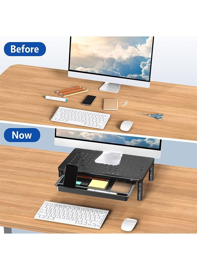 Monitor Stand Riser with Drawer, 3 Height Adjustable Computer Monitor Stand for Desk, Metal Stand Riser for PC, Laptop, Printer u0026 iMac for Home u0026 Office