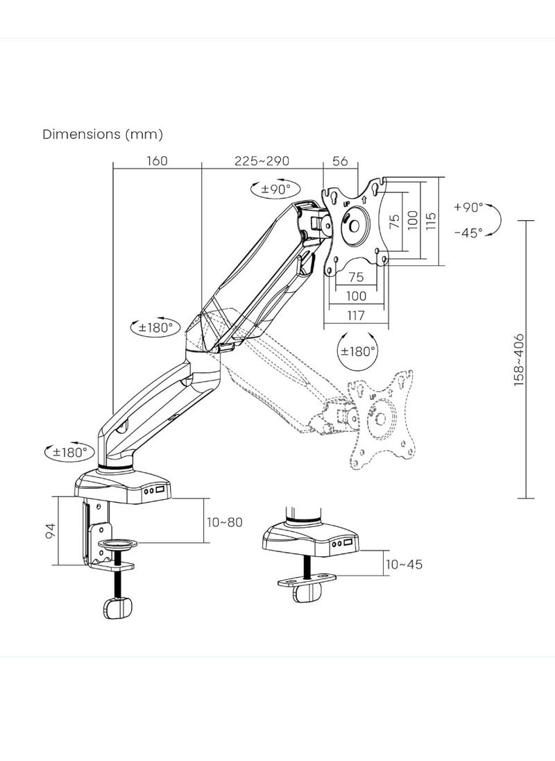 Desk Mount for 1 Monitor up to 32 Inches, Height Adjustable [Without Screws] Monitor Arm for VESA 75 x 75 and 100 x 100 / Monitor Mount with Swivel Arm for Desk